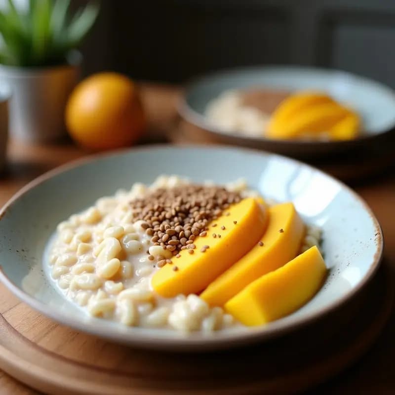 Bowl de Avena Nocturna con Leche de Coco, Mango y Semillas de Amapola: Desayuno Estético
