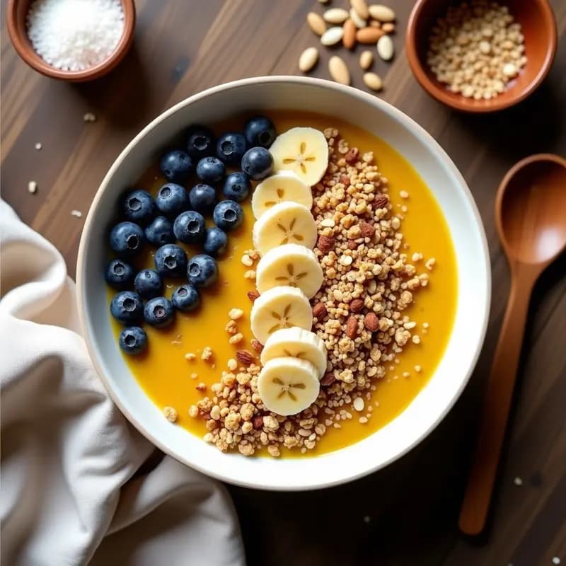 Bowl de Avena Nocturna con Leche de Turmería y Granola de Quinoa: Desayuno Ayurvédico y Colorido
