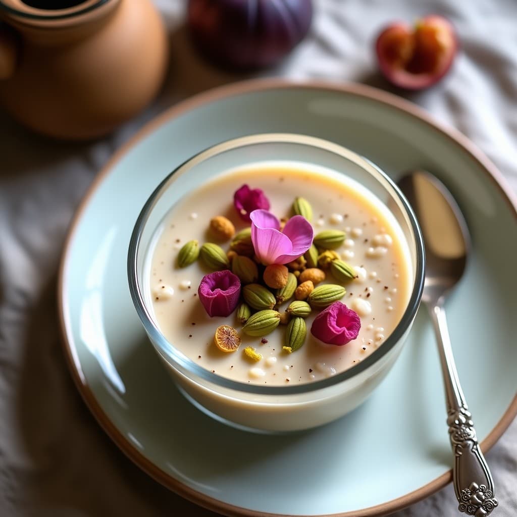 Bowl de Avena Nocturna con Leche de Pistacho y Topping de Rosa: Desayuno Persa Sin Azúcar