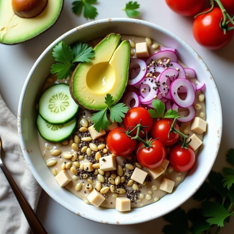 Bowl de Avena Salada con Aguacate y Semillas: Desayuno Proteico y Sin Azúcar