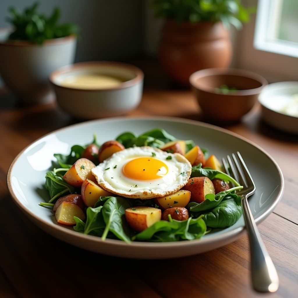 Bowl de Batata, Espinacas y Huevo Poché con Salsa de Tahini: Desayuno Mediterráneo Alto en Proteínas