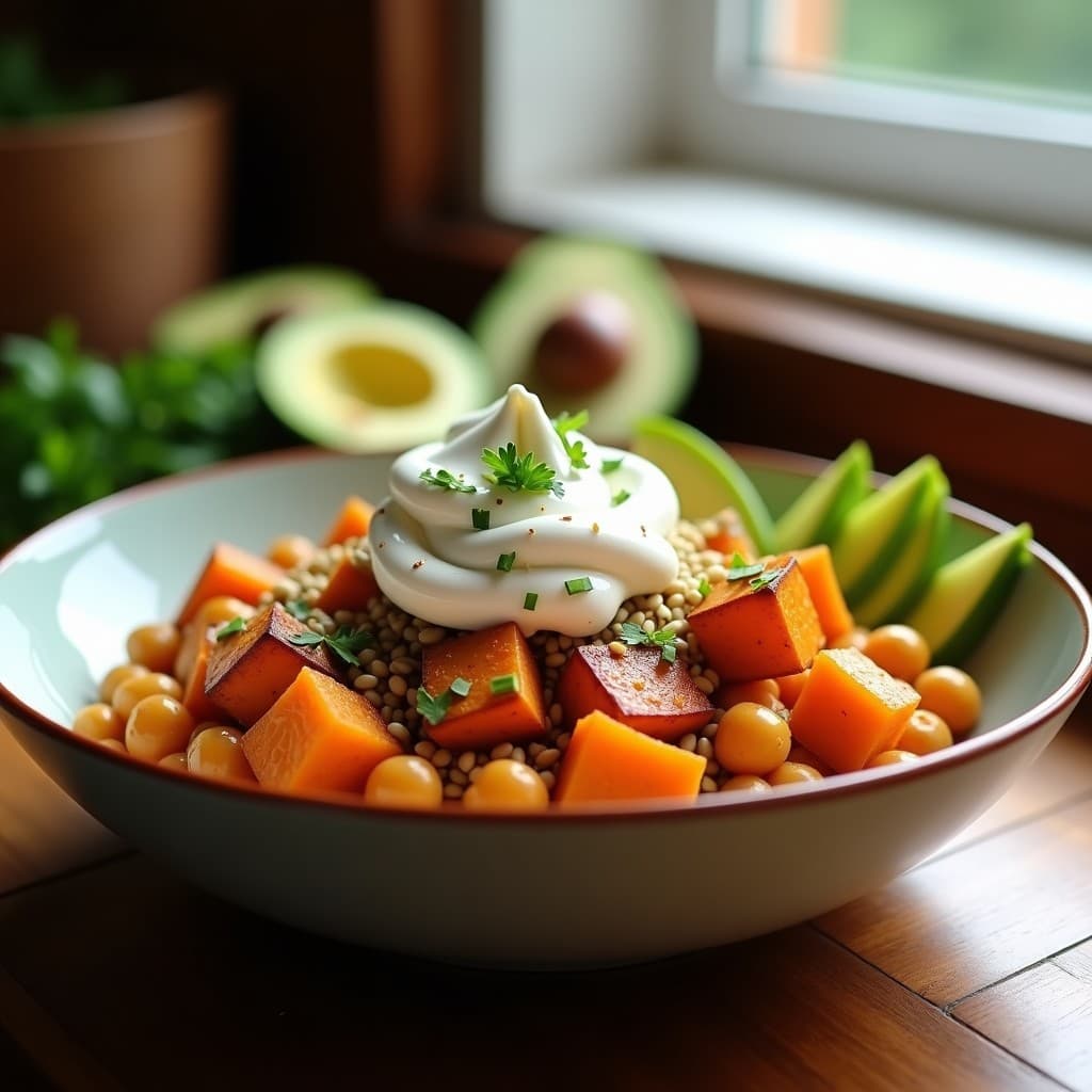 Bowl de Batata Asada con Merengue de Garbanzos y Crujiente de Semillas: Receta Vegana en Airfryer