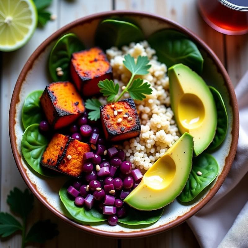 Bowl de Batata Morada y Aguacate con Aderezo de Miso: Receta Peruana Vegana