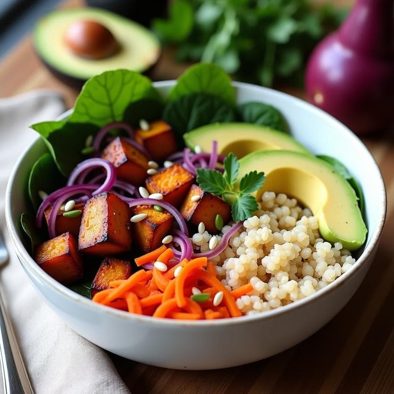 Bowl de Batata Morada Asada con Aguacate y Semillas de Cálamo: Receta Vegana Rica en Antioxidantes