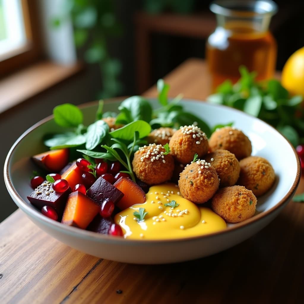 Bowl de Batata Morada y Falafel Crujiente con Salsa de Limón: Receta Vegana y Colorida