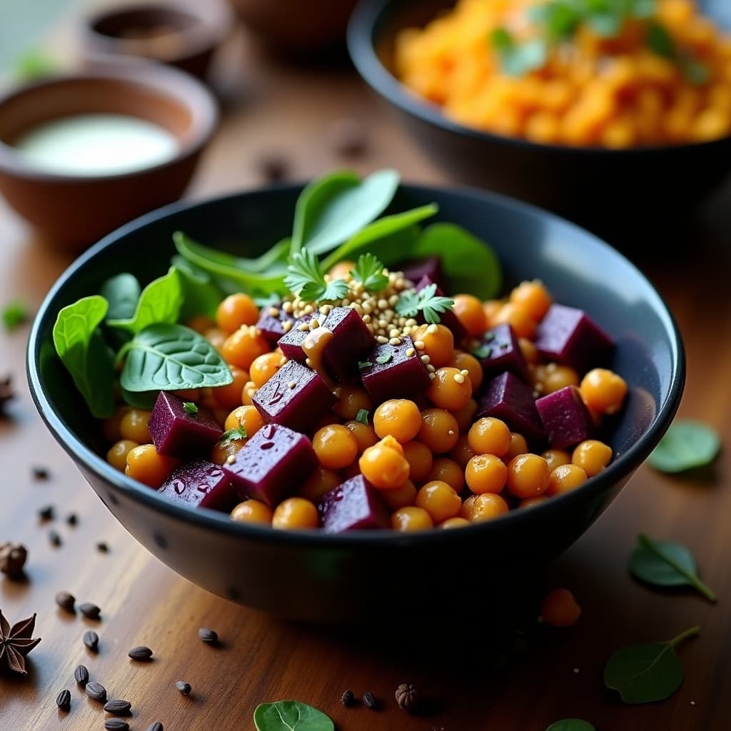 Bowl de Batata Morada y Garbanzos con Aliño de Tamarindo: Receta india Vegana en Olla Express