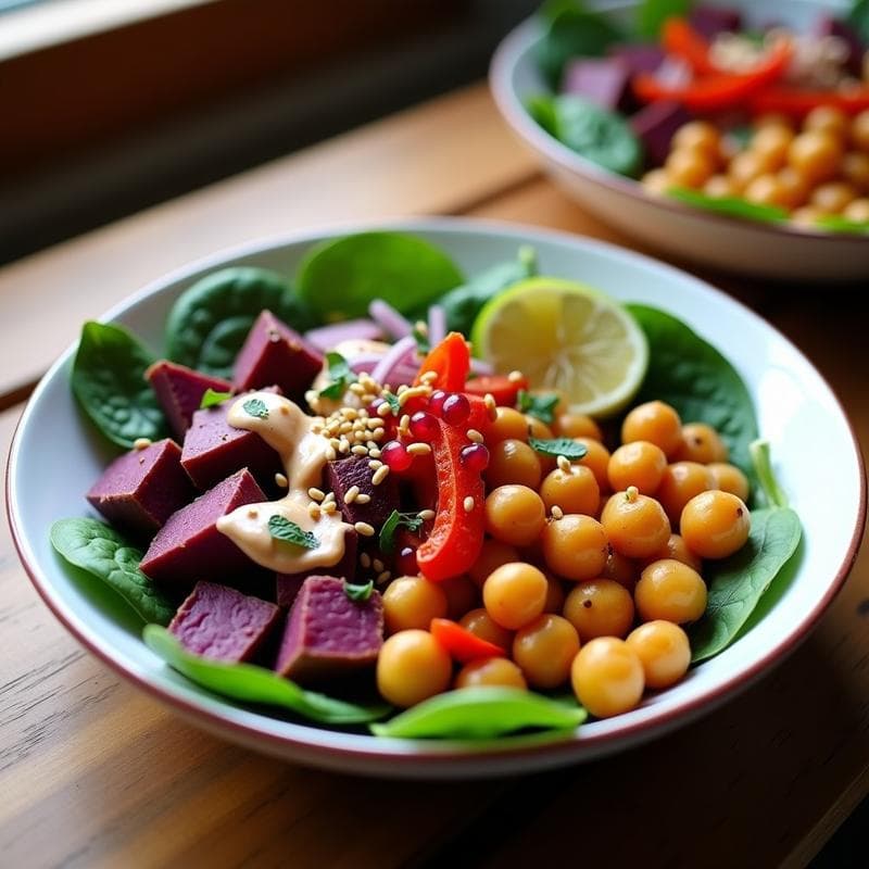 Bowl de Batata Morada y Garbanzos: Receta Vegana con Aderezo de Tahini y Granada