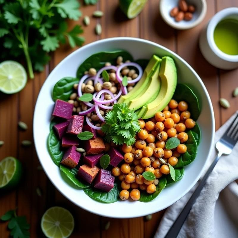 Bowl de Batata Morada y Garbanzos con Vinagreta de Lima y Cilantro: Receta Vegana Alta en Hierro