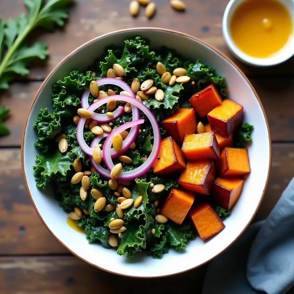 Bowl de batata morada y kale con aderezo de mostaza y miel: Receta americana vegana