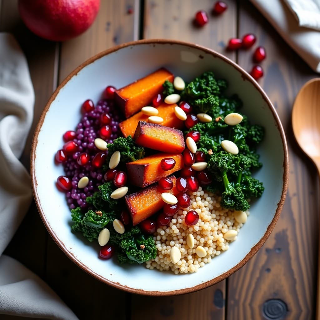 Bowl de Batata Morada, Kale y Granos de Granada: Desayuno Vegano con Toque Antioxidante