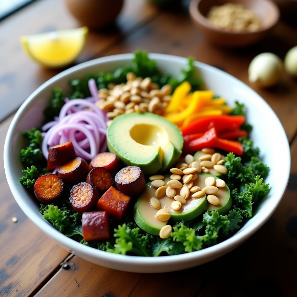 Bowl de Batata Morada, Kale y Semillas de Girasol con Aliño de Miso: Receta Vegana y Colorida