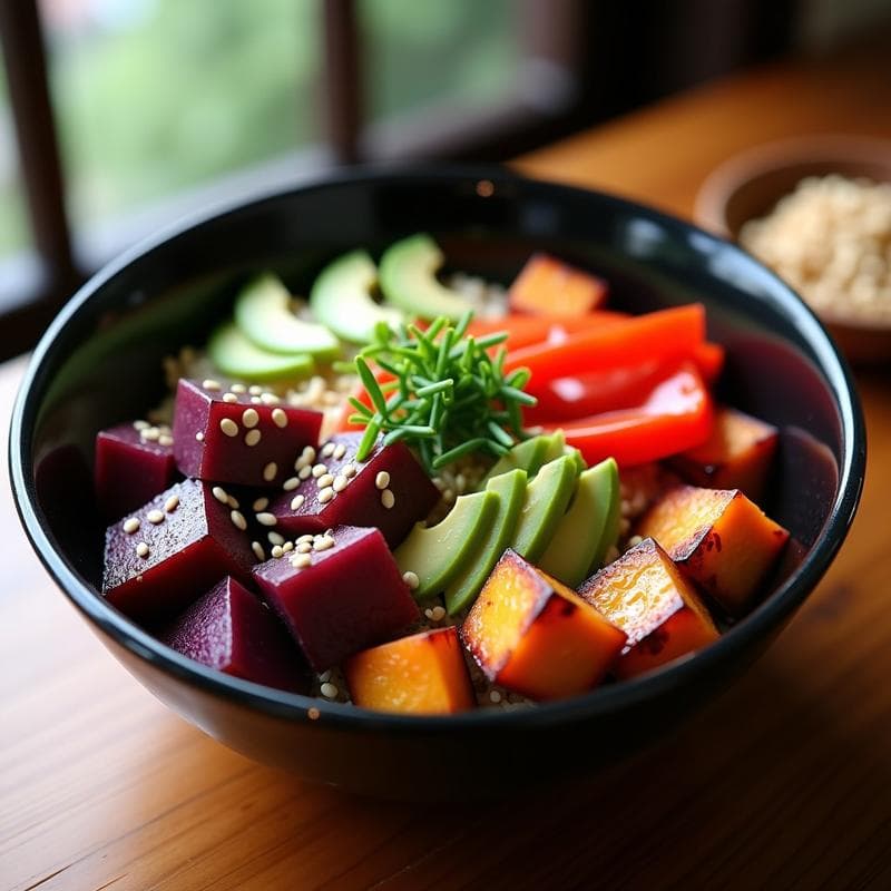 Bowl de Batata Morada y Kani Kama con Mayonesa de Wasabi: Receta Japonesa Fusion en Airfryer