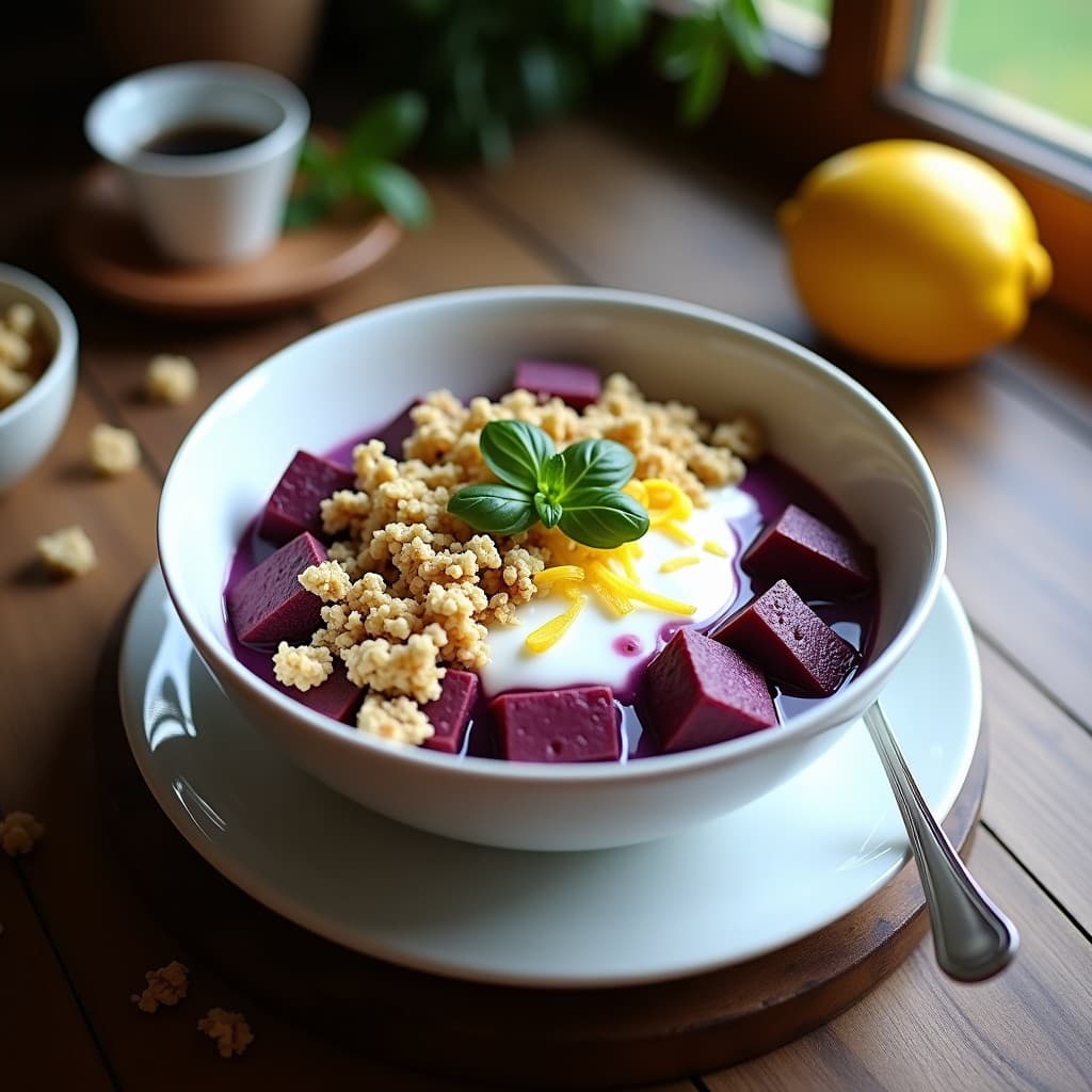 Bowl de Batata Morada y Kéfir con Granola de Quinoa: Desayuno Probiótico y Energético