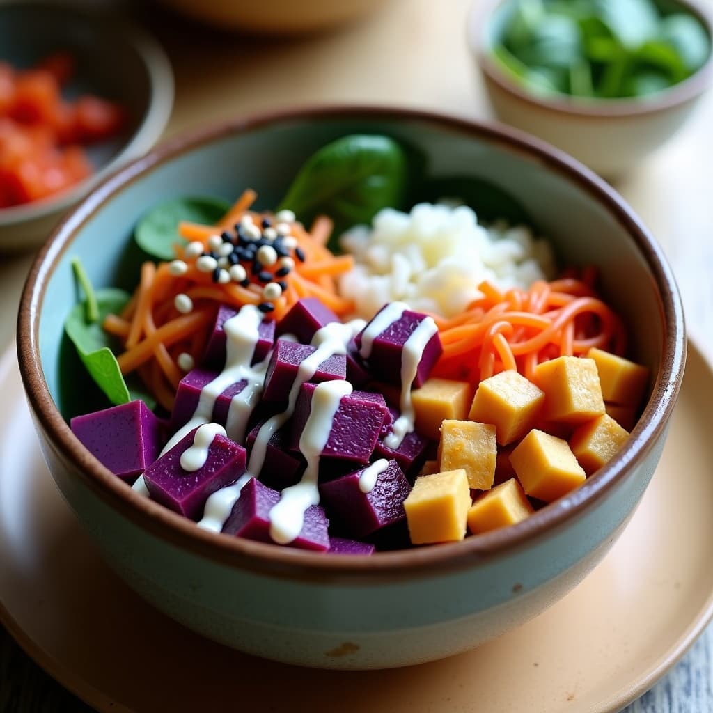 Bowl de Batata Morada y Kimchi con Aderezo de Miso: Receta Coreana Fermentada en 20 Minutos