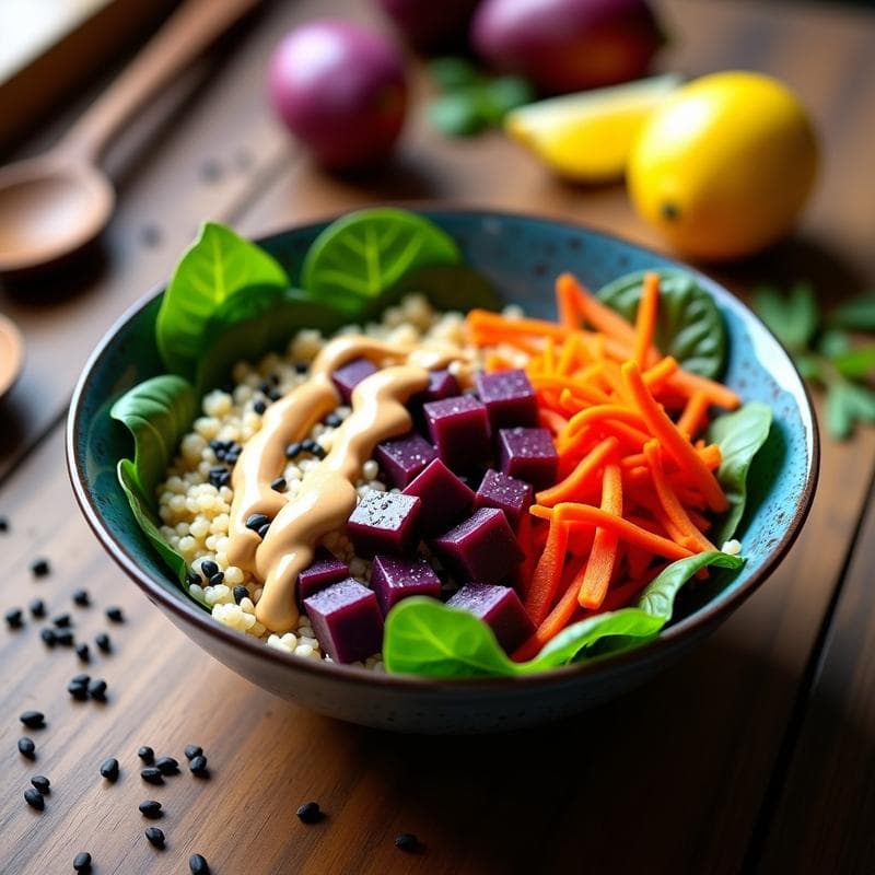 Bowl de Batata Morada, Quinoa y Aderezo de Cacahuete: Desayuno Antiinflamatorio en 15 Minutos