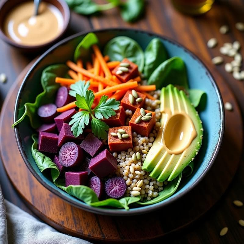 Bowls de Batata Morada y Quinoa con Aderezo de Tahini: Receta Vegana y Antioxidante