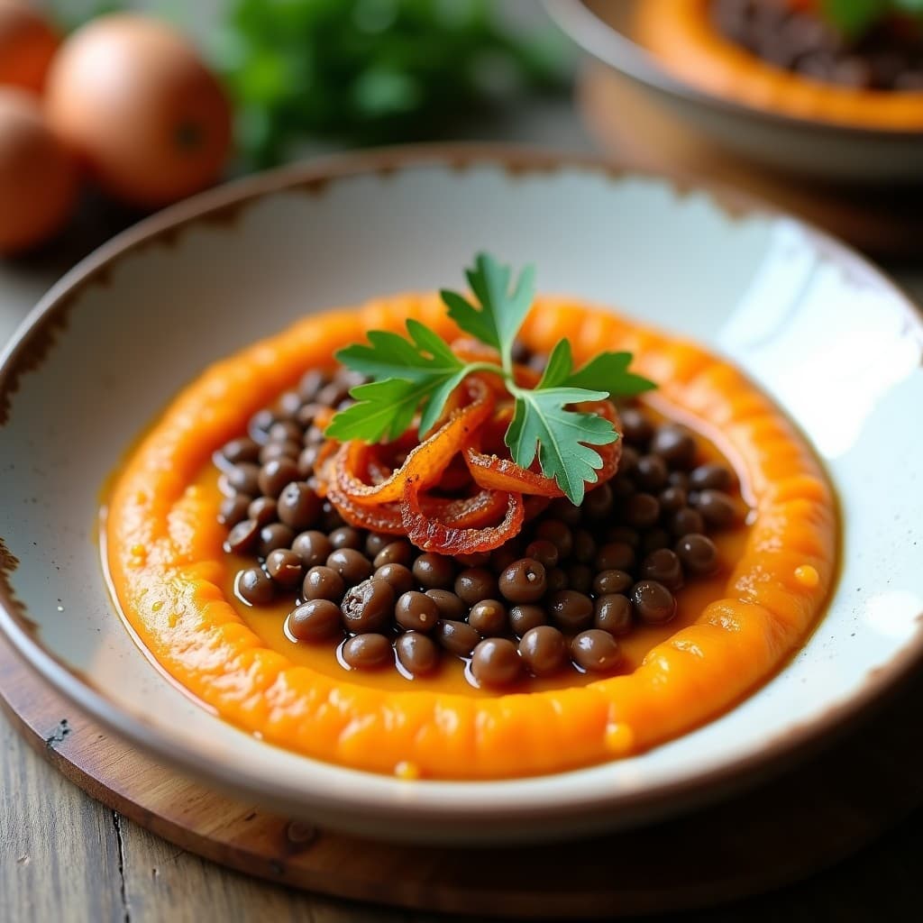 Bowl de Puré de Boniato y Lentejas Pardina con Crujiente de Cebolla: Receta Española Vegana y Reconfortante
