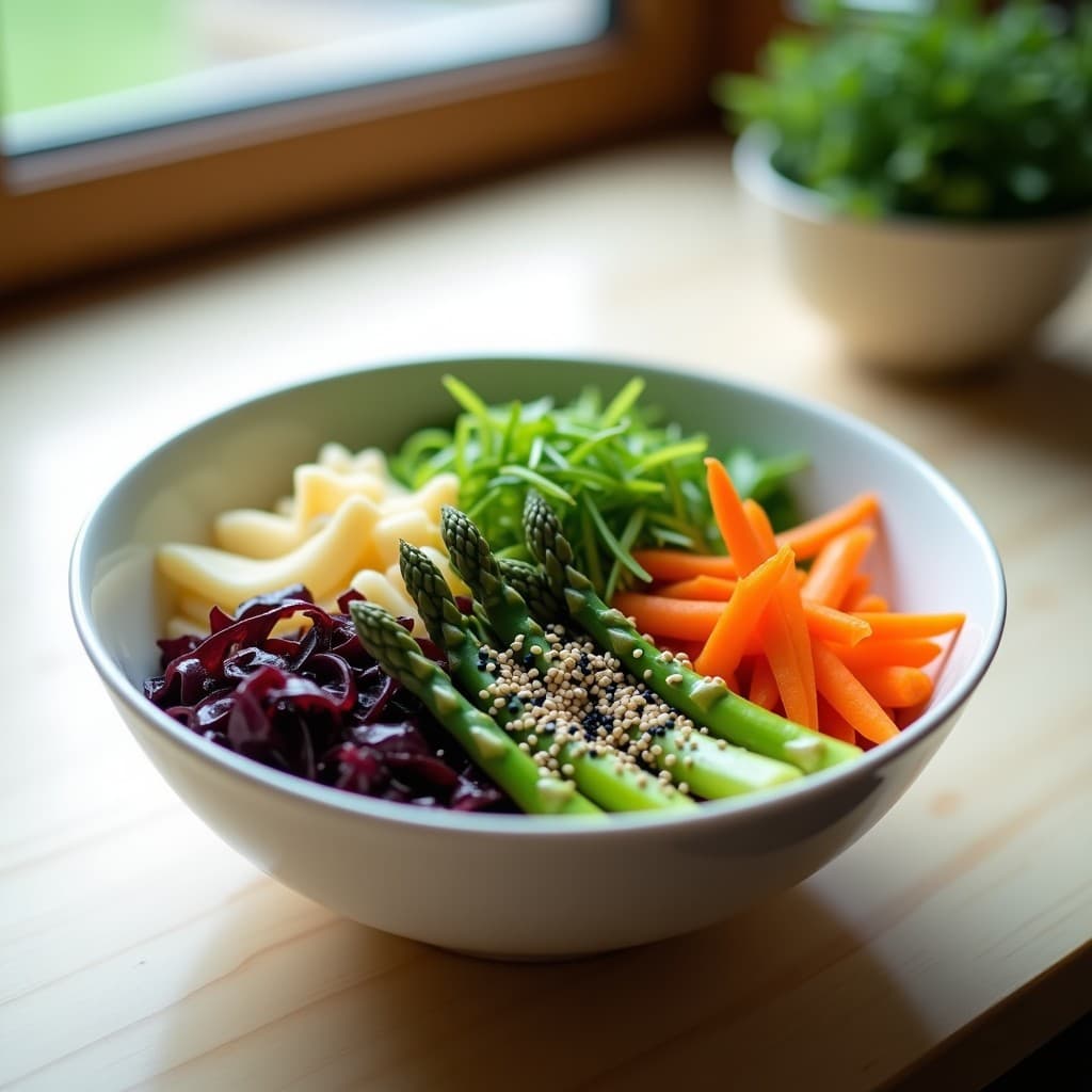 Bowl de Brotes de Bambú y Espárragos con Vinagreta de Sésamo y Limón: Receta Japonesa Vegana y Detox