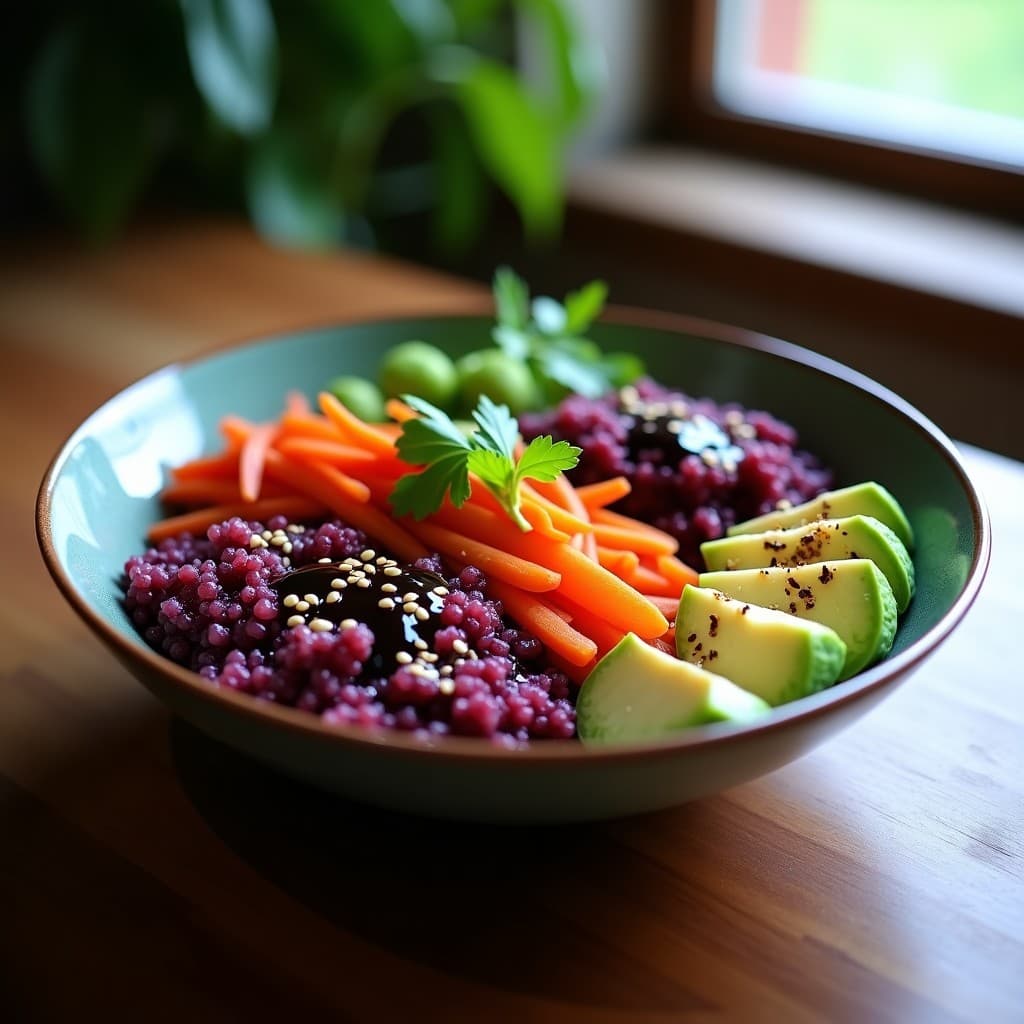 Bowl de buddyha de quinoa morada y célticos al vapor con vinagreta de tamarindo negro