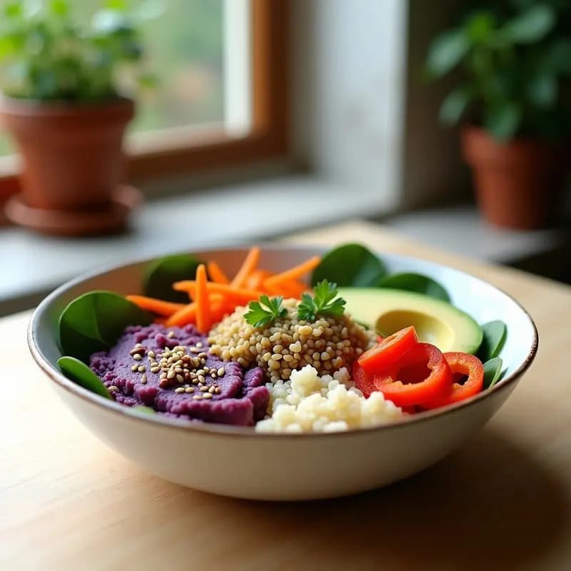 Bowl de Budha con Puré de Camote Morado, Quinoa y Aderezo de Cítricos