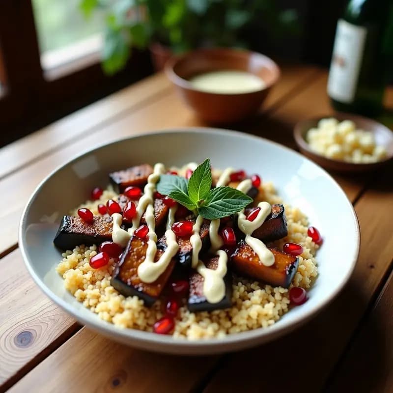 Bowl de Bulghur con Berenjena Asada y Granos de Granada: Receta Turca Vegana y Rápida