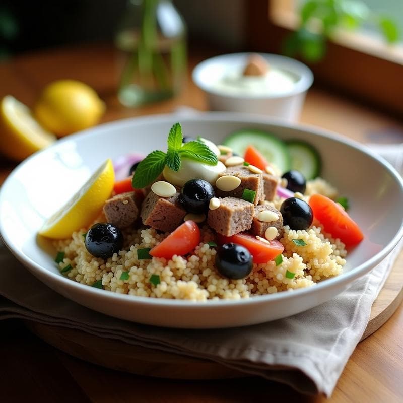 Bowl de Bulghur con Cordero y Salsa de Yogur de Soja: Receta Griega Alta en Proteína