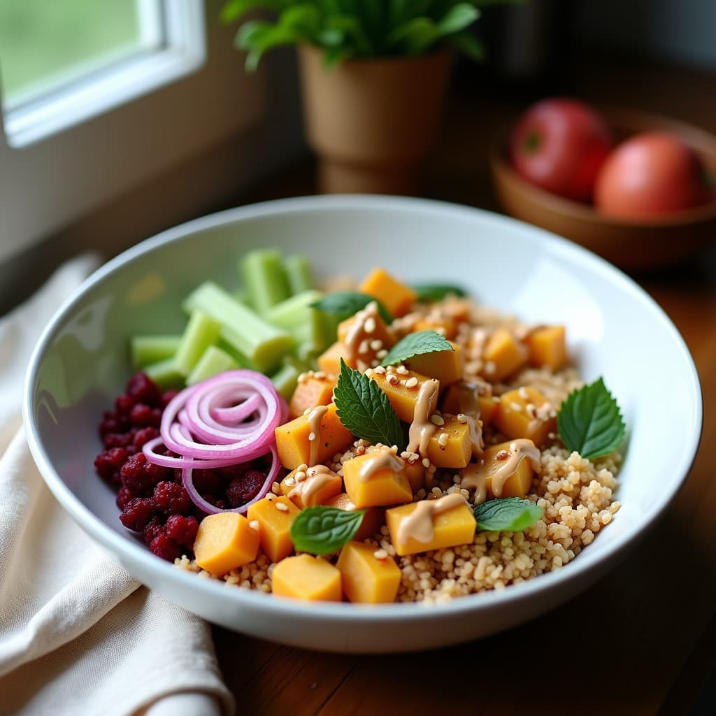 Bowl de Bulghur con Remolacha Asada y Aderezo de Granadilla: Receta Libanesa Vegana en 20 Minutos