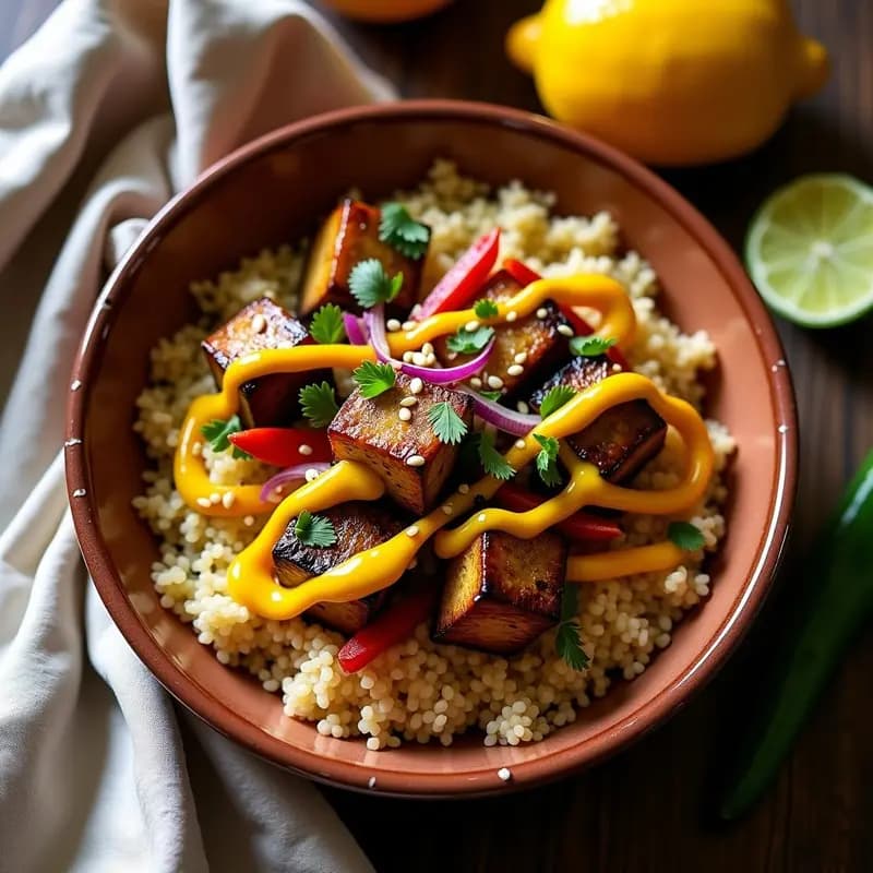 Bowl de Bulgur con Berenjenas Asadas y Salsa de Granadilla: Receta Turco-Peruana Vegana