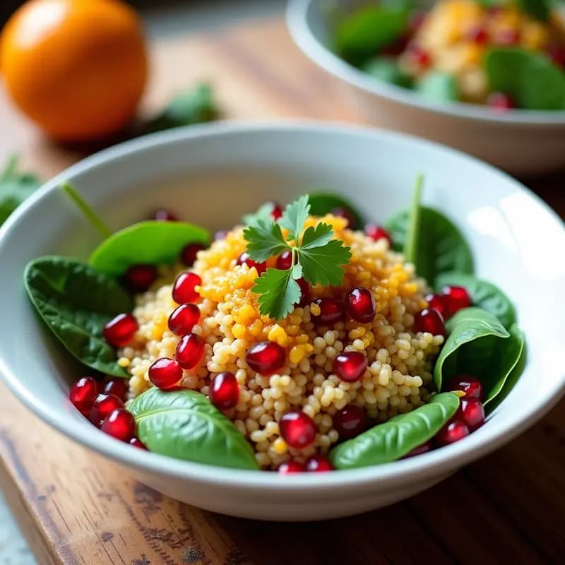 Bowl de Bulgur con Espinacas, Granados y Aderezo de Naranga: Receta Persa Keto