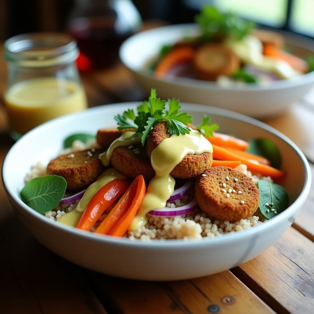 Bowl de Bulgur con Falafel Crujiente y Salsa de Granadilla: Receta Mediterránea Vegana