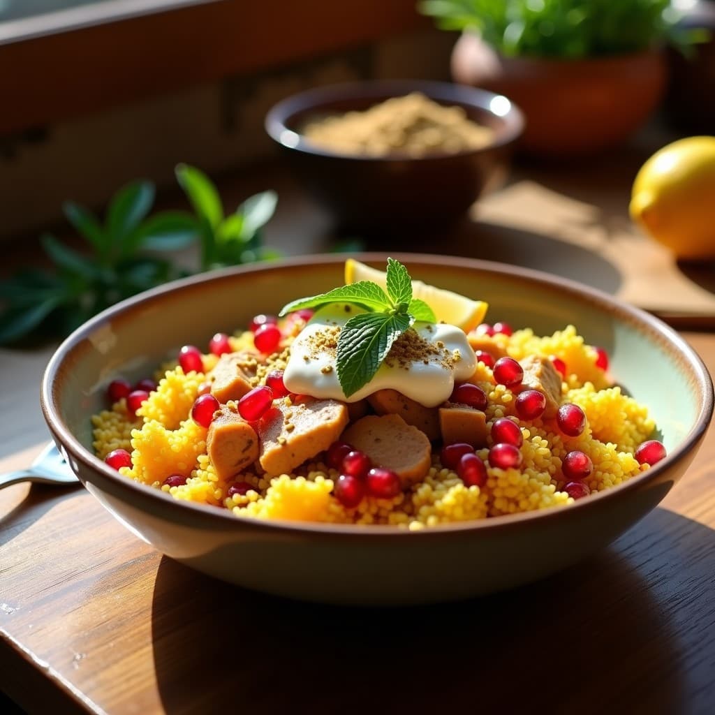 Bowl de Bulgur con Granadas y Pollo al Saffron: Receta Persa Alta en Proteína en Olla Express