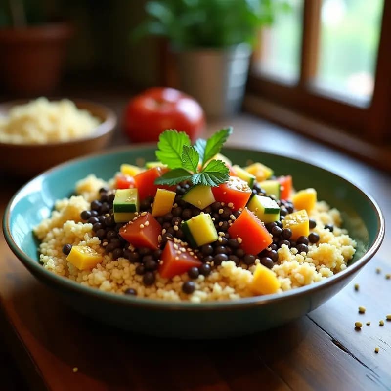 Bowl de Bulgur con Lentejas Beluga y Aderezo de Granadilla: Receta de Oriente Medio