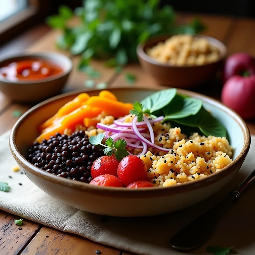 Bowl de Bulgur de Lentejas con Granos de Litchi y Vinagreta de Tamarindo: Receta India Vegana Dulce-Salada