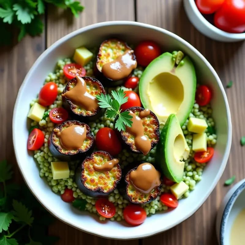 Bowl de Bulgur de Trigo Verde con Berenjenas Asadas y Tahini: Receta Líbano Vegana y Energética