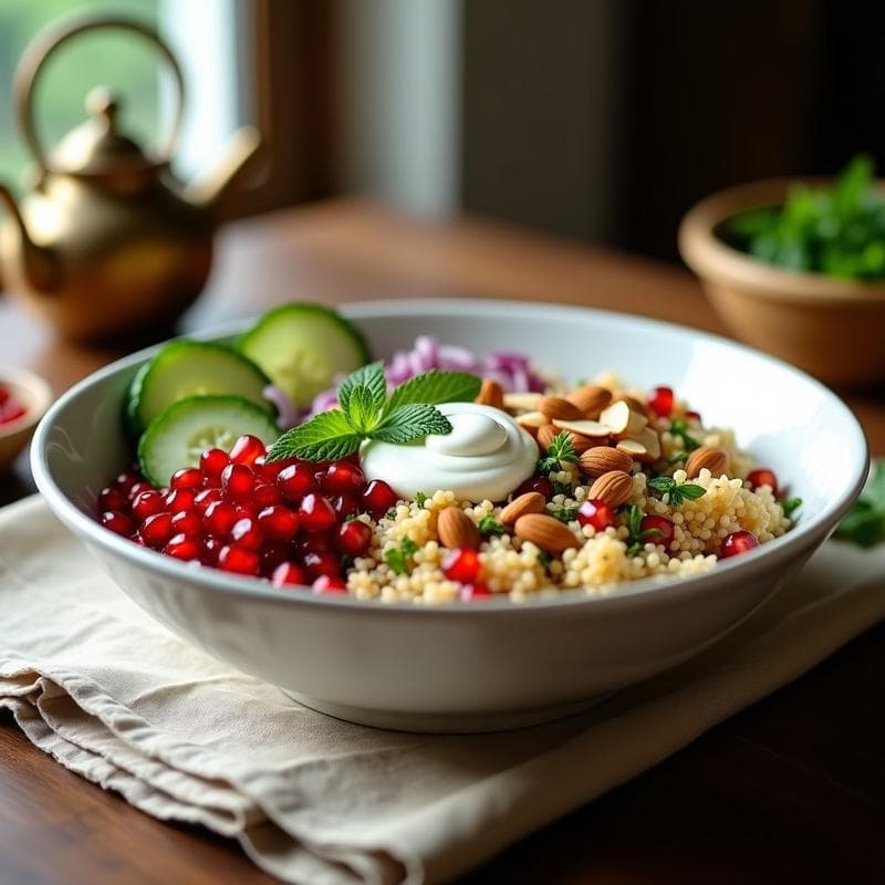 Bowl de Bulgur con Zaatar, Granados y Yogur de Soja: Receta Árabe Alta en Fibra