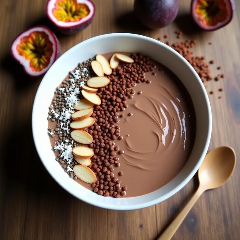 Bowl de Cacao y Chía con Leche de Avena y Fruta de la Pasión: Desayuno Vegano Antiinflamatorio
