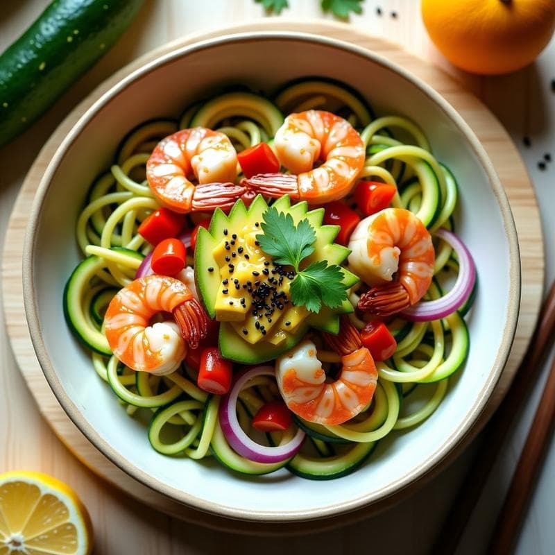 Bowl de Fideos de Calabacín y Gambas con Salsa de Cítricos: Receta Sin Gluten y Alta en Proteína