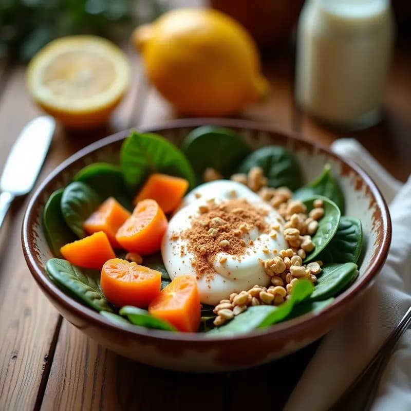 Bowl de Caqui y Espinacas con Aderezo de Sésamo: Desayuno Otoñal Antioxidante