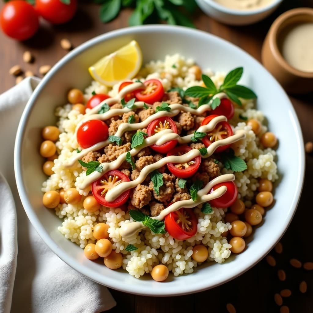 Bowl de Cauliflower Rice con Garbanzos y Salsa Tahini: Receta Árabe Keto