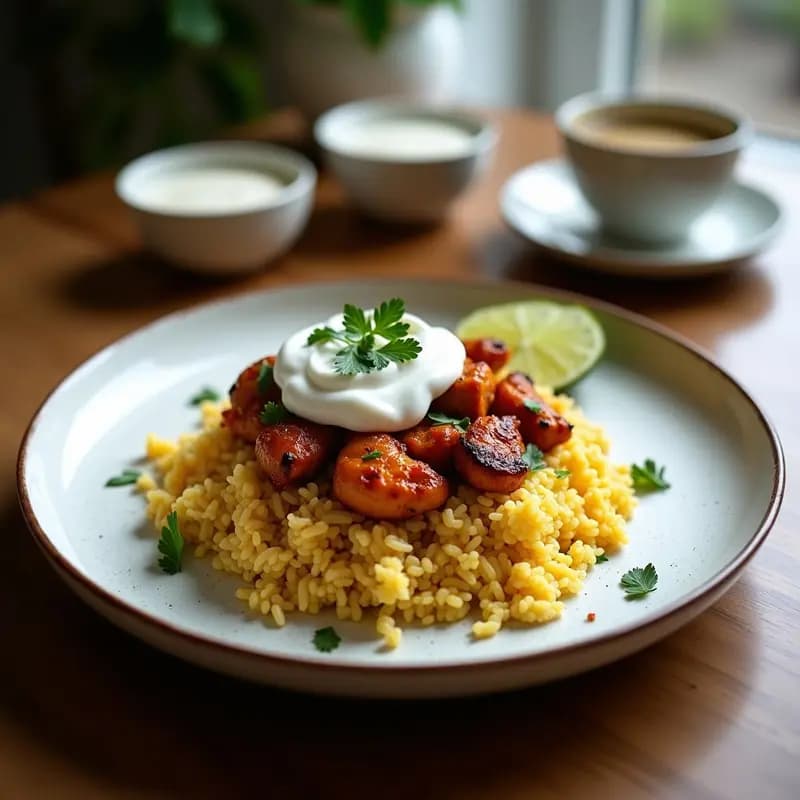 Bowl de Cauliflower Rice con Pollo Tikka y Yogur de Coco: Receta India Keto y Alta en Proteína