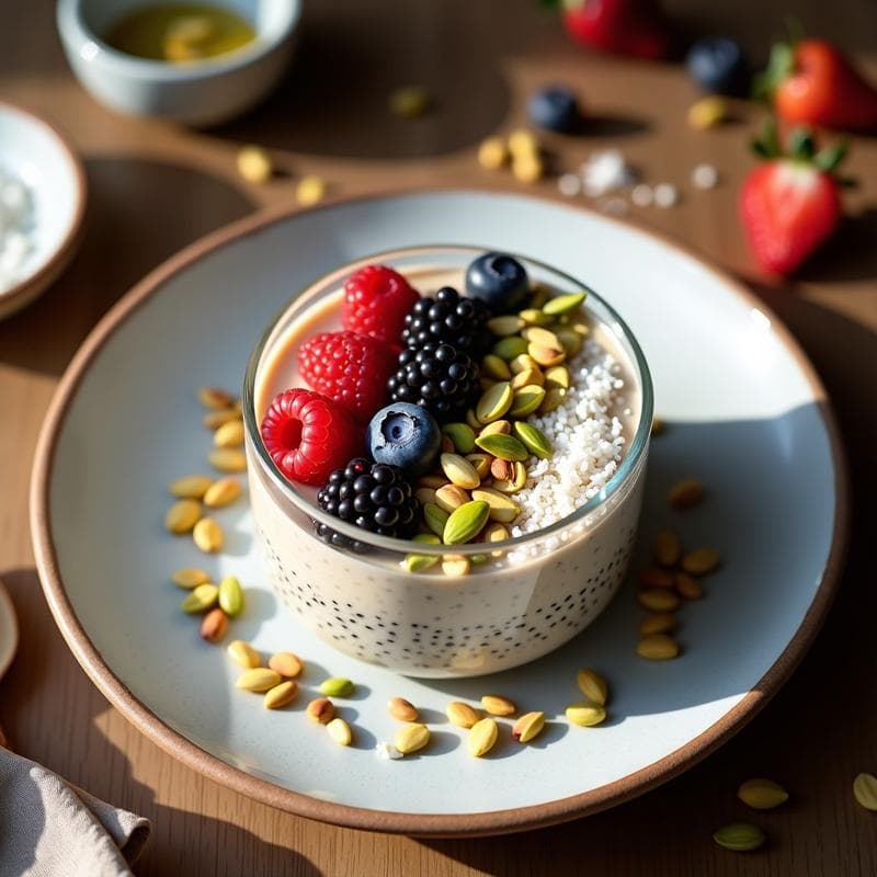 Bowl de Chía con Leche de Pistacho y Frutas del Bosque: Desayuno Vegano y Sin Gluten