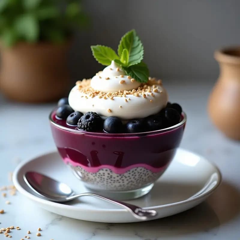 Bowl de Chía Pudding con Capas de Puré de Moras y Merengue de Aquafaba