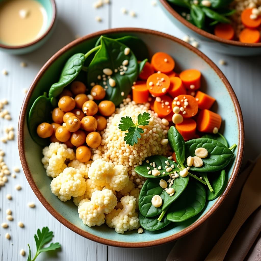 Bowl de Cuscús de Coliflor con Garbanzos, Zanahoria Asada y Tahini: Receta Keto y Sin Cocción