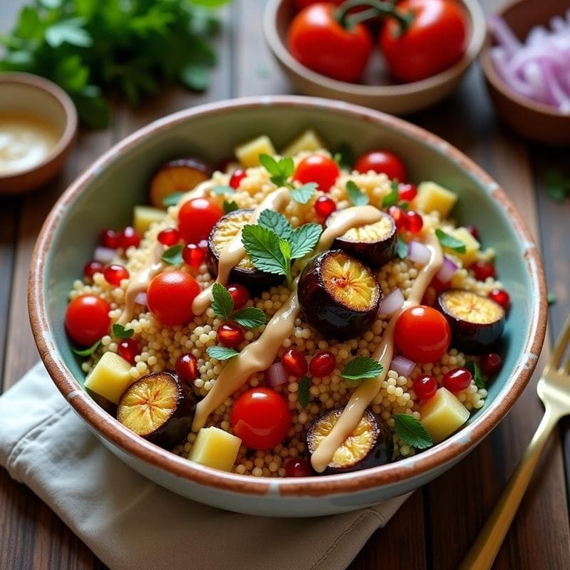 Bowl de Cuscús con Berenjena Asada y Tahini: Receta Libanesa Vegana y Sin Gluten