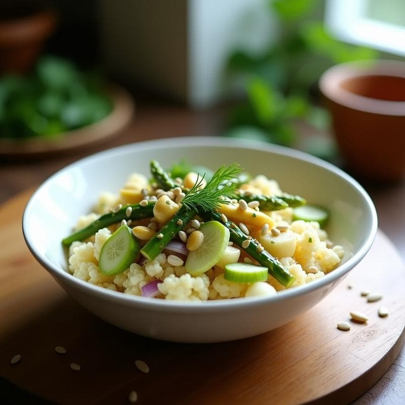 Bowl de Cuscús de Coliflor y Espárragos con Aderezo de Mostaza y Dill: Receta Keto Crudivegana