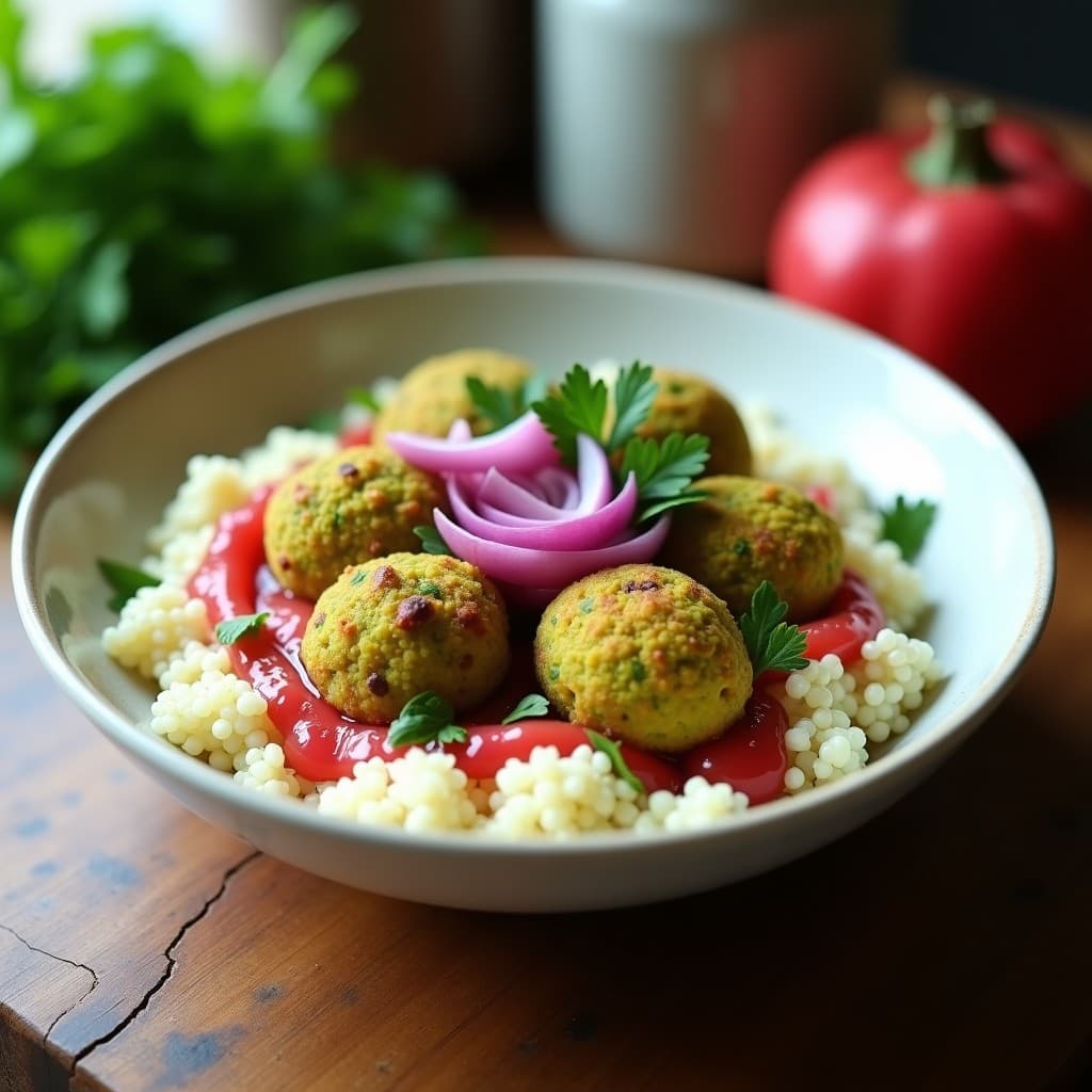 Bowl de Cúscus de Coliflor con Falafel de Garbanzos Verdes y Salsa de Granados: Receta Keto