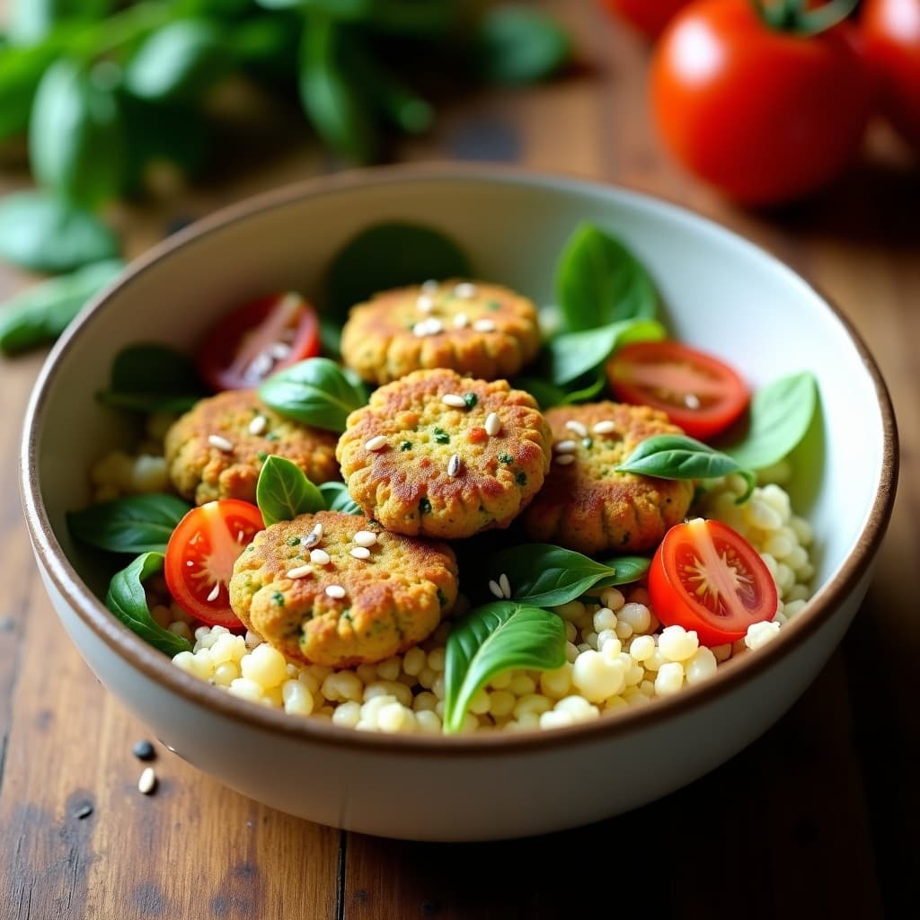 Bowl de Cuscús de Coliflor con Falafel de Habas y Aderezo de Limón Confitado