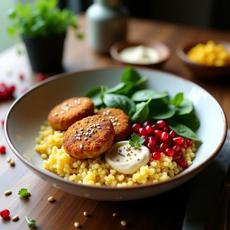 Bowl de Cuscús de Coliflor con Falafel Crujiente y Tahini: Receta Vegana en 20 Minutos