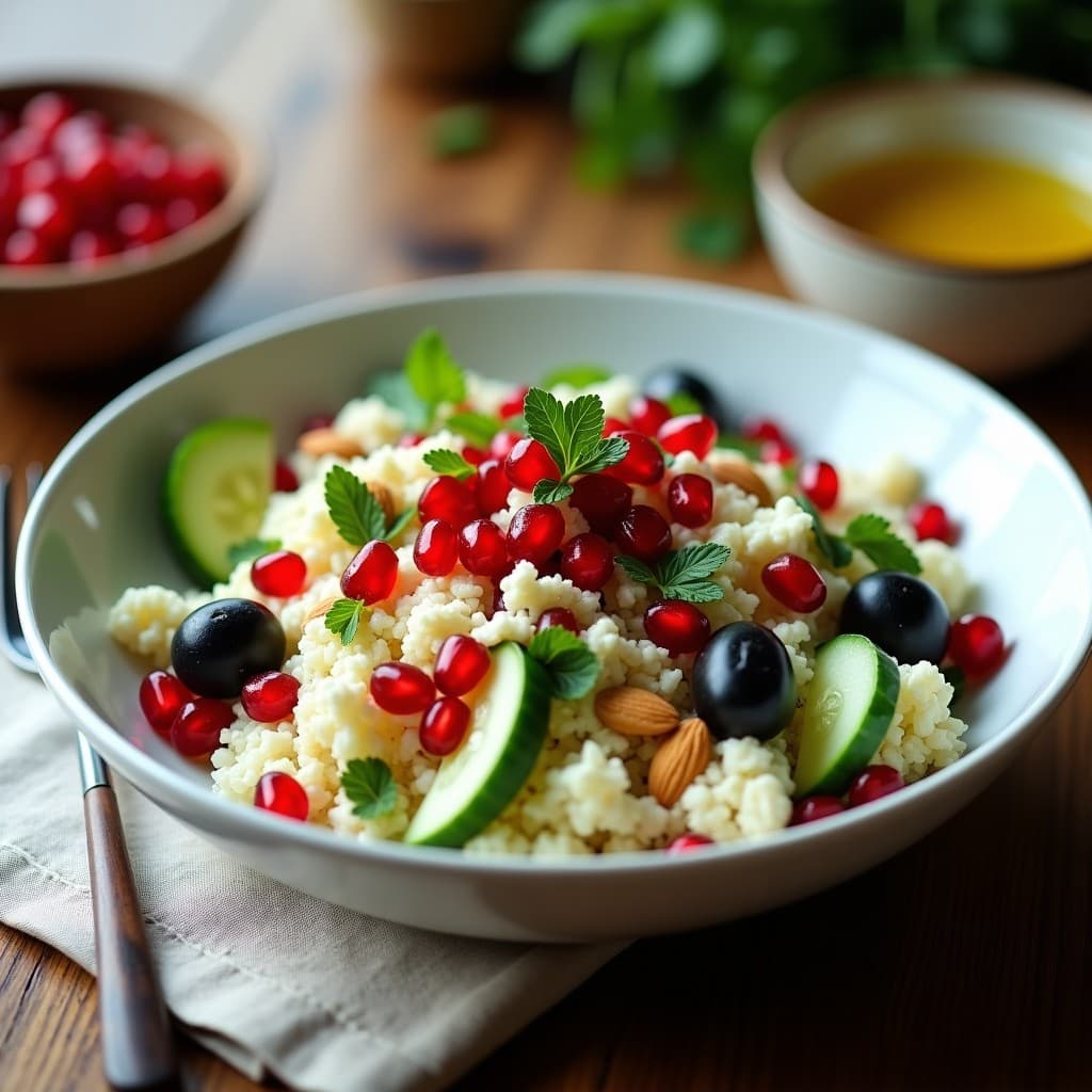 Bowl de Cuscús de Coliflor con Feta Vegana y Granada: Receta Mediterránea Keto en 15 Minutos
