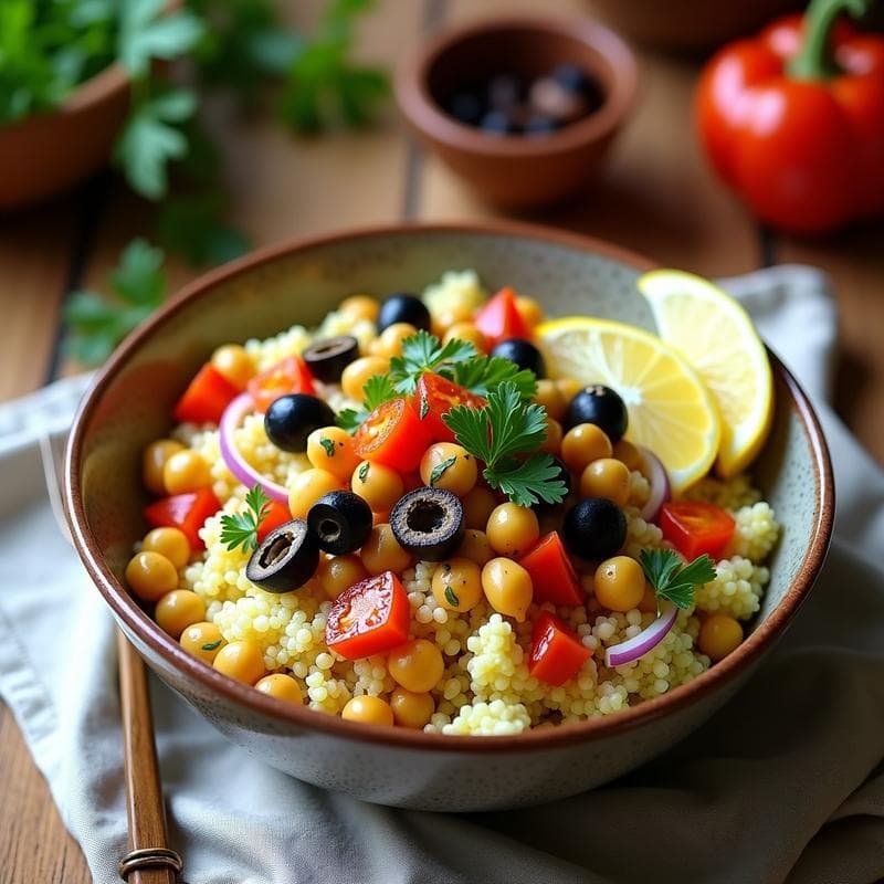 Bowl de Cuscús de Coliflor con Garbanzos, Aceitunas y Limón: Receta Marroquí Keto y Sin Cereales